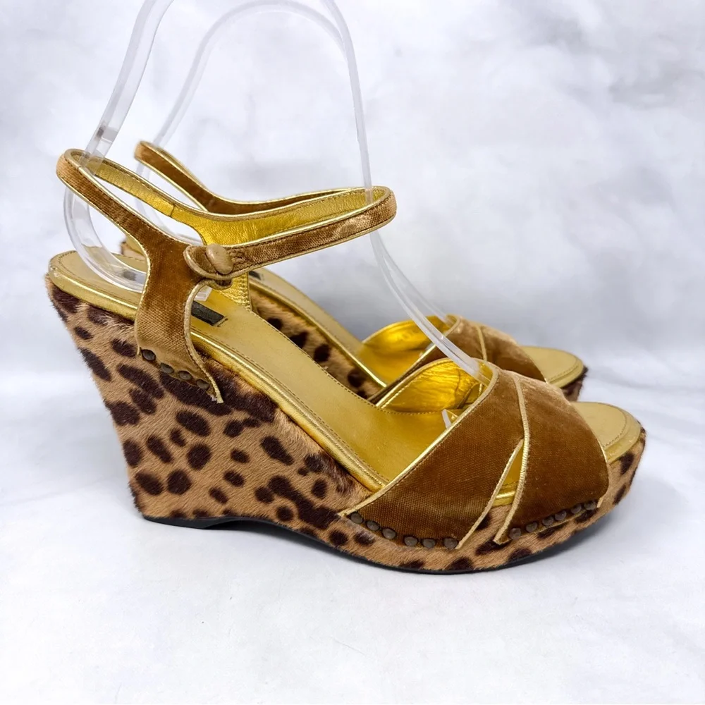PRADA Vintage Y2K Velvet Leopard Calf Hair Leather Platform Wedge Sandal Heel 38